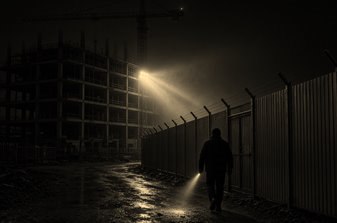 Vigilante em ronda no tapume de uma obra