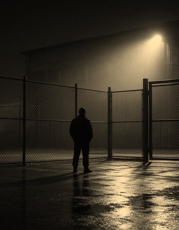 Vigilante diante do portão de um perímetro industrial à noite